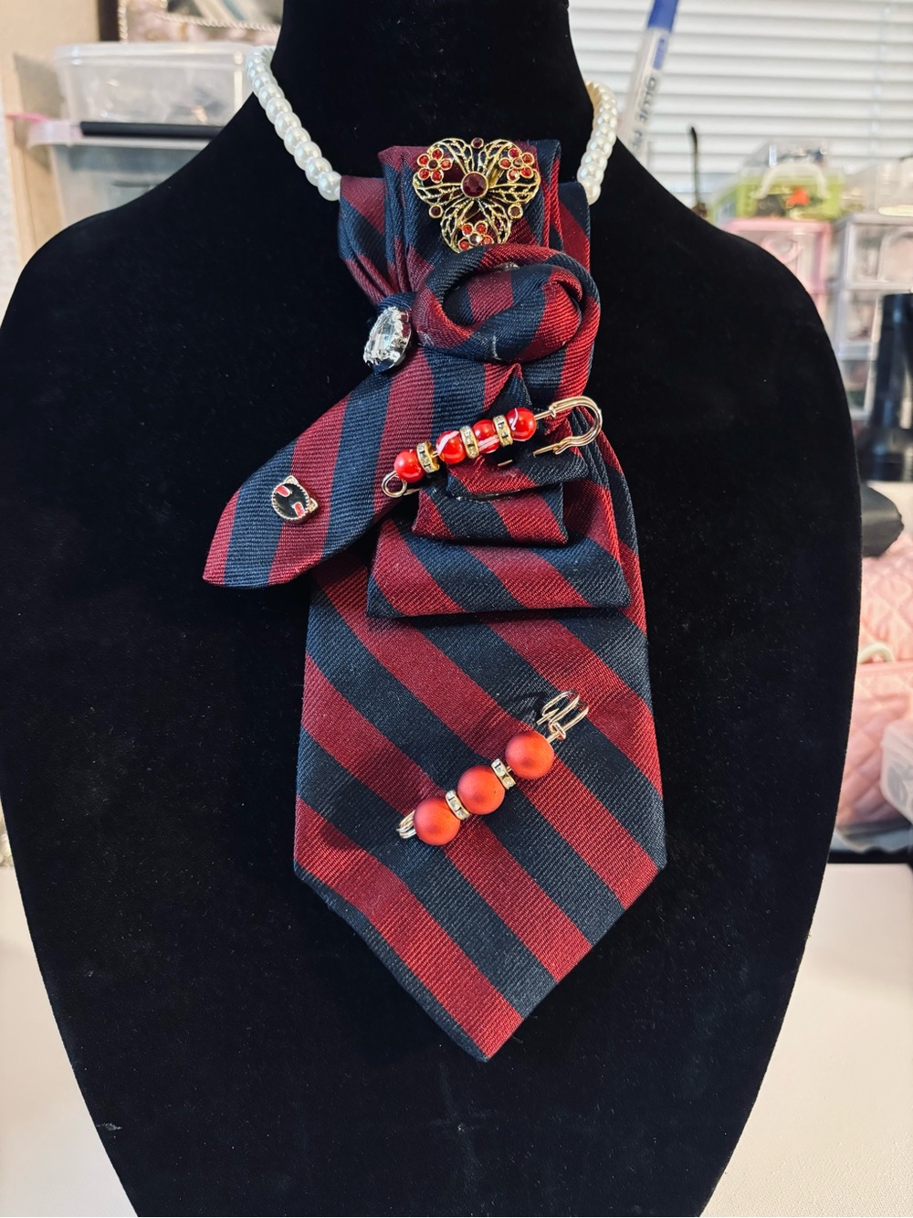 Striped Red and Navy Women's Neck Tie with Decorative Bead Accents